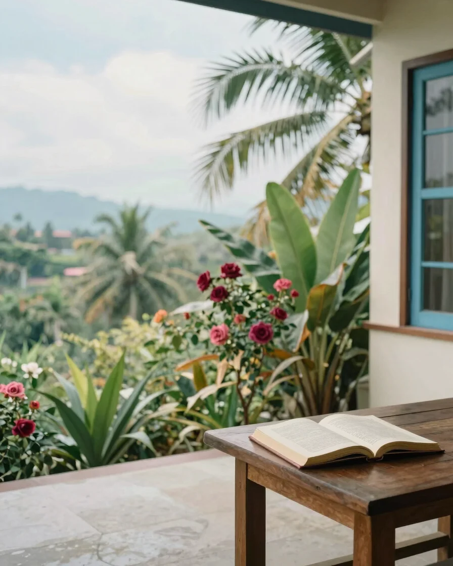 Editorial photography of a quiet Indonesian house terrace in soft