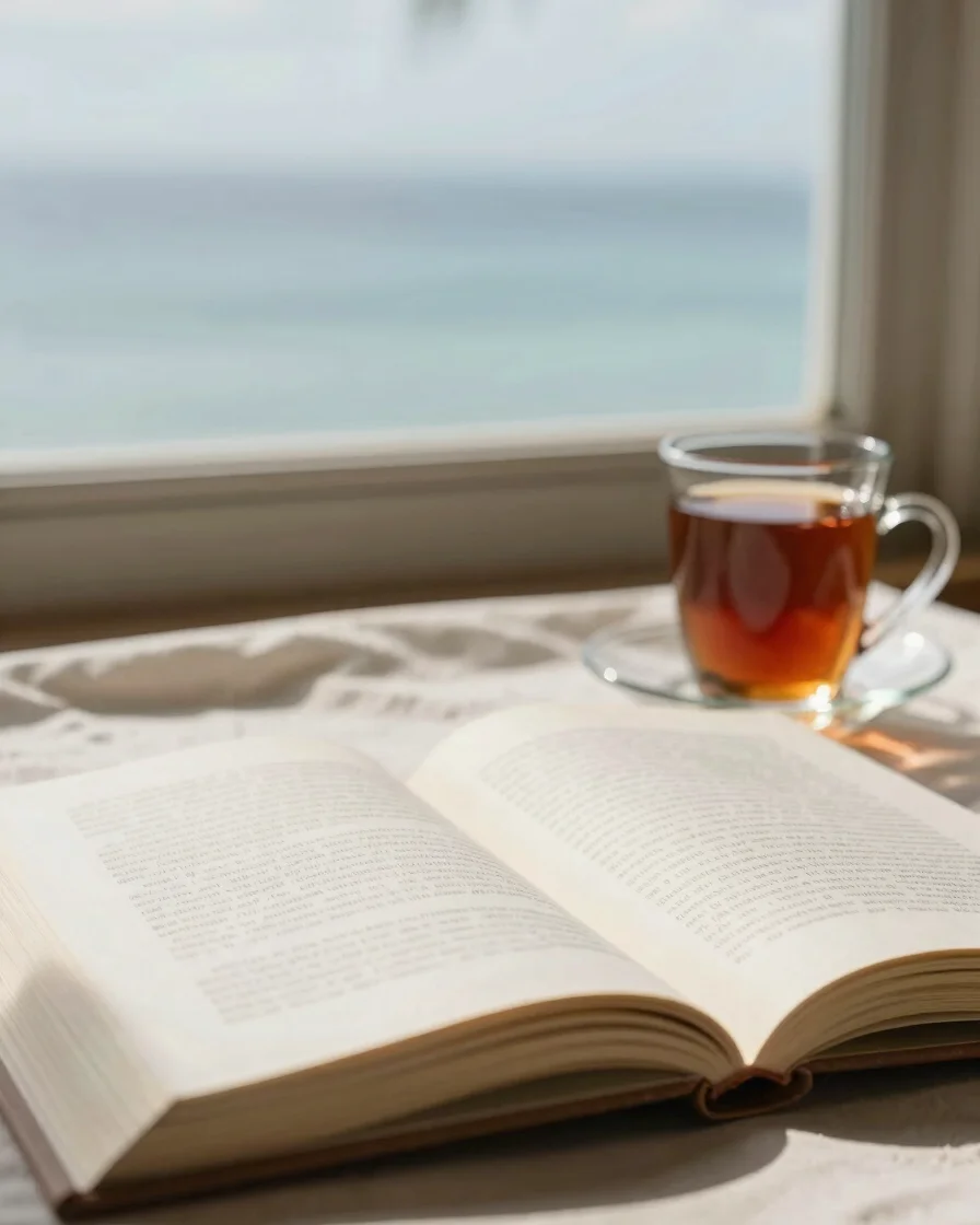 Close-up editorial photograph of an open paperback on a cream lin