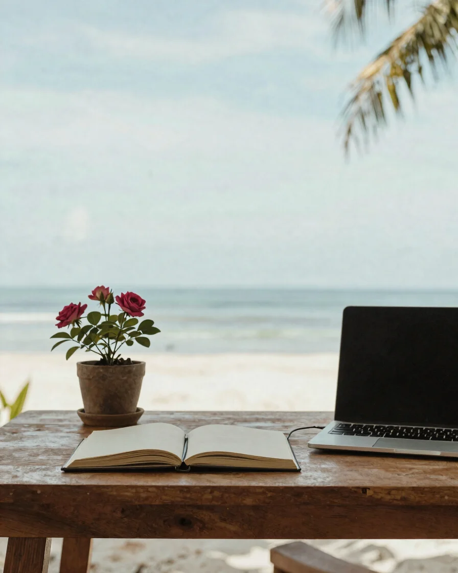 Soft tropical daylight over a wooden writing desk in a quiet Indo